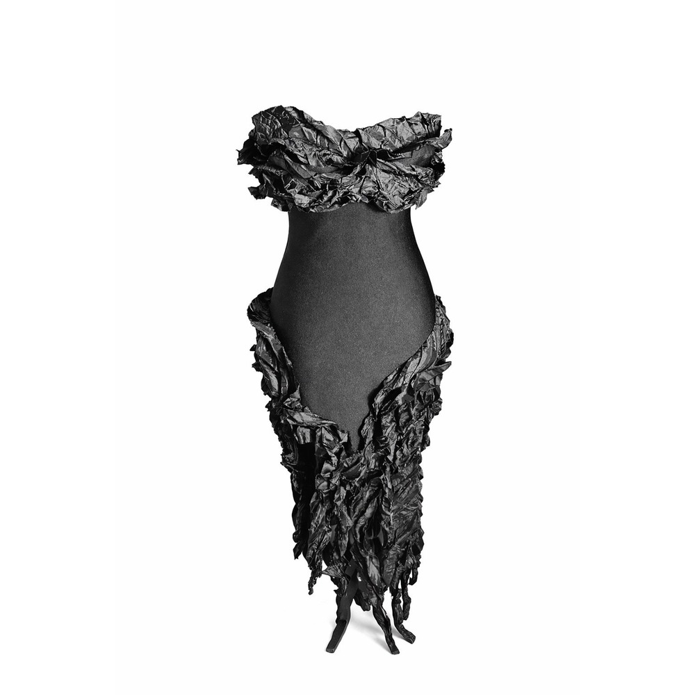 Strapless Black Ruffled Evening Dress